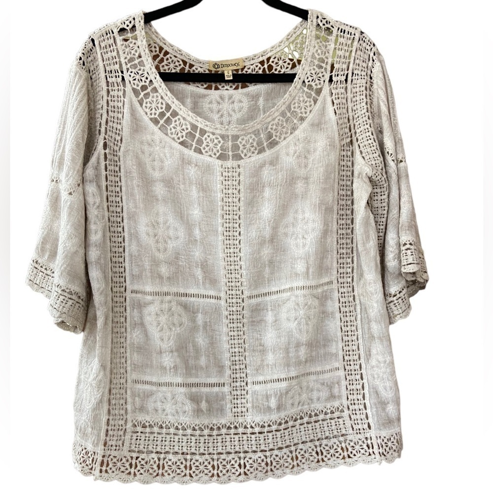 Democracy Cream Crochet Panel Tunic Top Oversized S